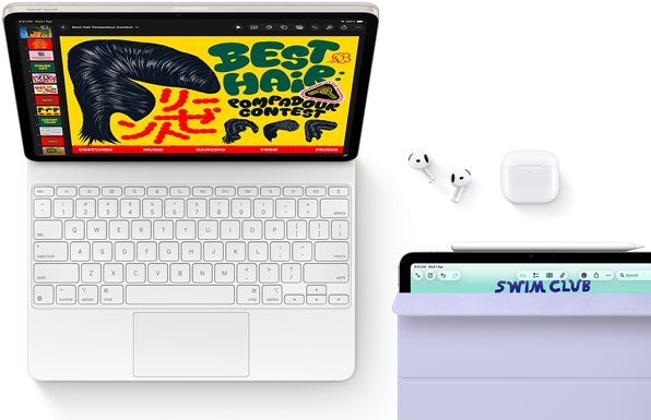 iPad Air, Starlight color, colorful graphics on screen, attached to Magic Keyboard, Airpods Pro and Apple Pencil Pro accessories