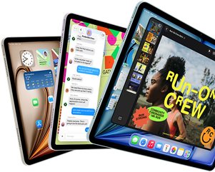 Three iPad Air displays in fan-like arrangement, colors: Blue, Purple, Starlight, front exterior, side exterior, apps on screen display include Keynote app, Messages, and Home Screen