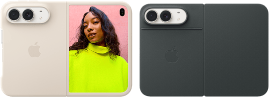iPhone Duo, Star White color in Sand Silicone Case, landscape orientation, fully opened horizontally, Dual Fusion cameras on the top left, case covers the back exterior and outer edge of the front display, right side features portrait of person on outer display. iPhone Duo, Star White color, fully opened horizontally, Navy Blue Folio with Kickstand, fully opened horizontally, back exterior featuring the 48MP Dual Fusion rear cameras, two lenses