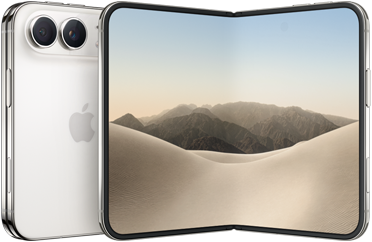 iPhone Duo, folded back exterior, Star White color, Dual Fusion camera system at top left, Apple logo in center. Unfolded interior display, all-screen design, rounded corners