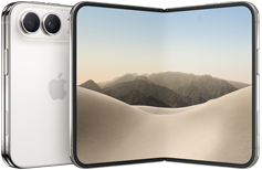 iPhone Duo, folded back exterior, Star White color, Dual Fusion camera system at top left, Apple logo in center. Unfolded interior display, all-screen design, rounded corners