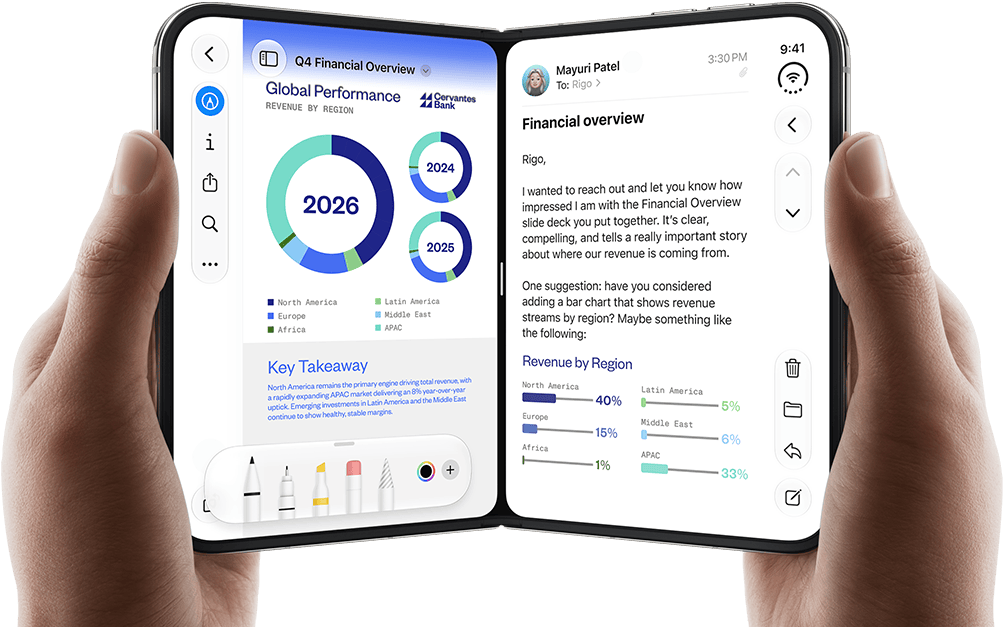 iPhone Duo, held by two hands in open landscape position, left shows a business document in Preview, right shows an email in Mail