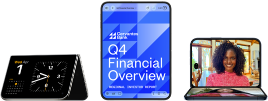 iPhone Duo, various positions: inverted open landscape orientation, unfolded at slight angle, exterior display, all-screen design. Open vertical orientation, screen displays a banking app. Open landscape orientation, unfolded at right angle, interior display, all-screen design