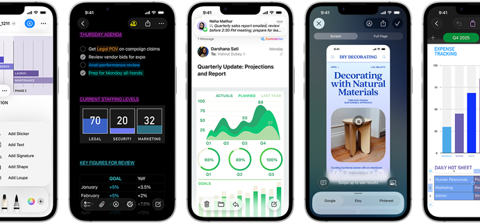 Few side-by-side iPhone 17e devices in portrait orientation showcasing performance with different graphs, charts and productivity business apps like Preview, Notes, Mail, Visual Intelligence, and Numbers