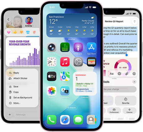 Few side-by-side iPhone 17e devices showing a photo of a graph in the Messages app, home screen with the Weather widget and apps displayed, and Notes app with Apple Intelligence Writing Tools in use