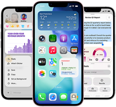 Few side-by-side iPhone 17e devices showing a photo of a graph in the Messages app, home screen with the Weather widget and apps displayed, and Notes app with Apple Intelligence Writing Tools in use