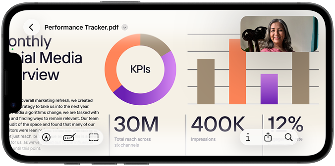 iPhone 17e in landscape orientation displaying a FaceTime call to review a presentation on Preview