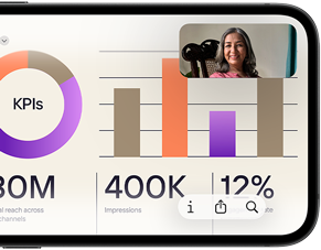 iPhone 17e in landscape orientation displaying a FaceTime call to review a presentation on Preview