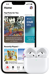 iPhone 17e, front exterior, Apple Music app with Home Screen open, next to AirPods 4 in open MagSafe Charging case