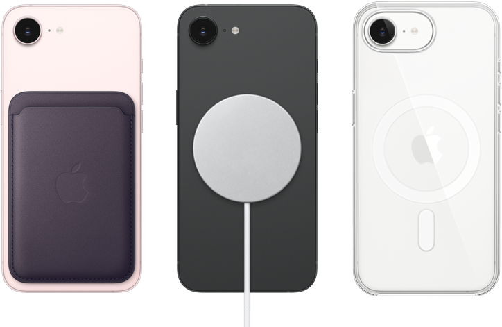 iPhone 17e, back exterior, soft pink color, FineWoven Wallet with MagSafe attached, iPhone 17e, back exterior, black color, MagSafe Charger attached, iPhone 17e, back exterior, white color, Clear Case with MagSafe attached