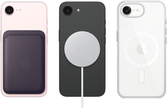 iPhone 17e, back exterior, soft pink color, FineWoven Wallet with MagSafe attached, iPhone 17e, back exterior, black color, MagSafe Charger attached, iPhone 17e, back exterior, white color, Clear Case with MagSafe attached