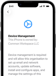 Partial view of iPhone 17e in portrait orientation, displaying the Settings app with Device Management open
