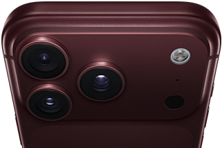 iPhone 18 Pro Max, burgundy color (dark red), back exterior, Pro Fusion camera system at top, 3 lenses, variable aperture blades partially closed, flash, microphone and LiDAR Scanner, top exterior, cellular antenna, flat sides, rounded edges