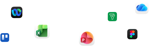 A variety of app icons in a scattered array including Webex, Microsoft Excel, Figma, and more