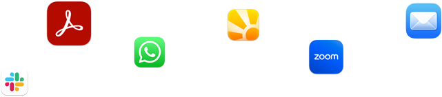 A variety of app icons in a scattered array including Slack, Zoom, Mail, and more