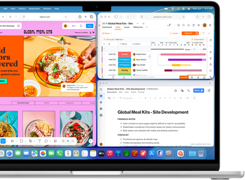 MacBook Air, screen shows Figma, Zoho, and Quip open in three separate windows, to demonstrate multitasking