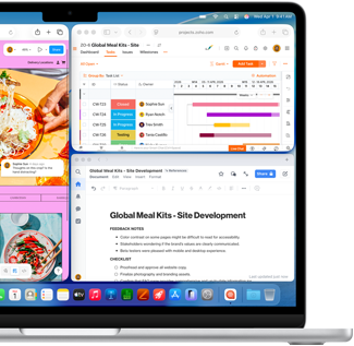 MacBook Air, screen shows Figma, Zoho, and Quip open in three separate windows, to demonstrate multitasking