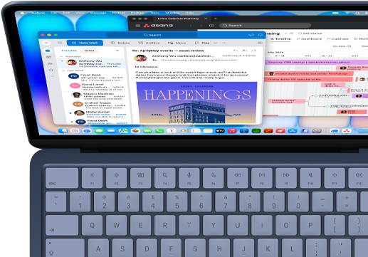 MacBook Neo, indigo color, person is using it to multitask, checking their emails with Outlook and tracking a project schedule with Asana