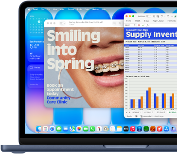 MacBook Neo screen, highlighting how macOS keeps your software current with automatic updates, an ad for an orthodontist is displayed on Preview and a Q3 cost analysis on Excel