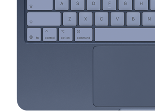 A top-down view of MacBook Neo in indigo, with color-coordinated keycaps and Multi-Touch trackpad visible