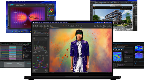 A variety of colorful screen content from music production, graphic design, 3D animation, and photo editing apps on Mac, demonstrating powerful graphics performance
