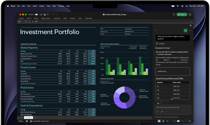 MacBook Pro screen showing Excel spreadsheet with investment portfolio data, green bar chart, purple donut chart, and Copilot sidebar with quarterly totals