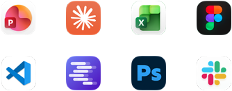 App icons for Microsoft PowerPoint, Claude by Anthropic, Microsoft Excel, Figma, Visual Studio Code, LM Studio, Adobe Photoshop, and Slack