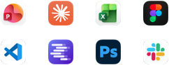 App icons for Microsoft PowerPoint, Claude by Anthropic, Microsoft Excel, Figma, Visual Studio Code, LM Studio, Adobe Photoshop, and Slack