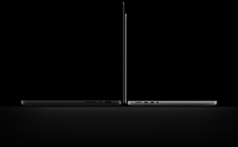 16-inch MacBook Pro with PROLED XDR Display, open lid, space black color, right side exterior with three ports, text reads: 4.0 pounds, 14-inch MacBook Pro with PROLED XDR Display, open lid, silver color, left side exterior with four ports, text reads: 3.0 pounds